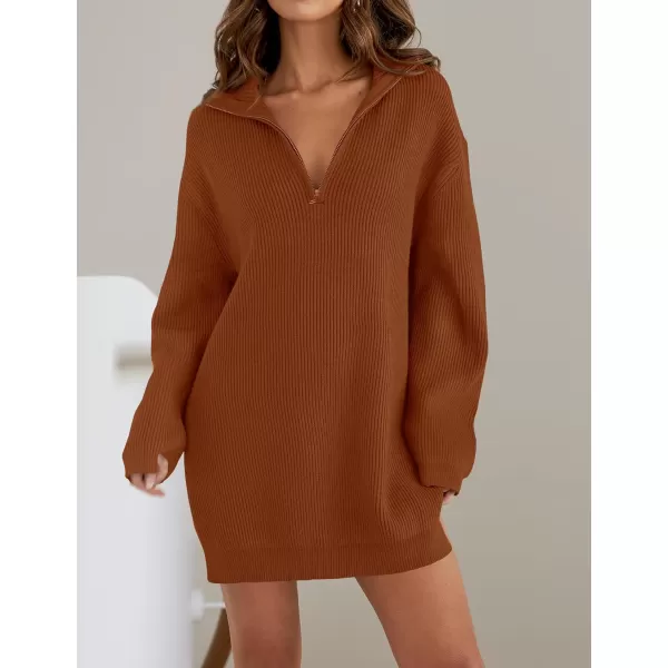 imageZESICA Womens Casual V Neck Sweater Dress Oversized Long Sleeve Zip Up Ribbed Knit Loose Pullover Tunic DressesRust