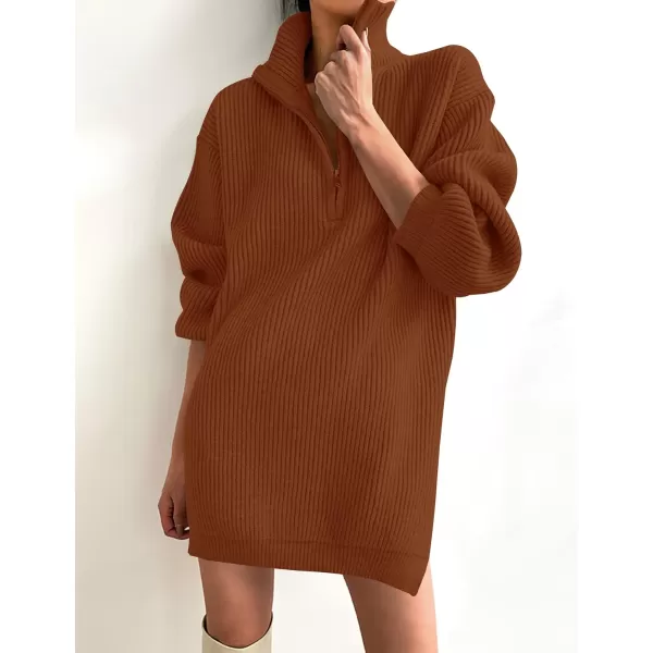 imageZESICA Womens Casual V Neck Sweater Dress Oversized Long Sleeve Zip Up Ribbed Knit Loose Pullover Tunic DressesRust
