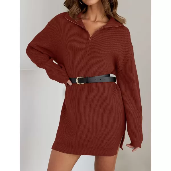 imageZESICA Womens Casual V Neck Sweater Dress Oversized Long Sleeve Zip Up Ribbed Knit Loose Pullover Tunic DressesWine