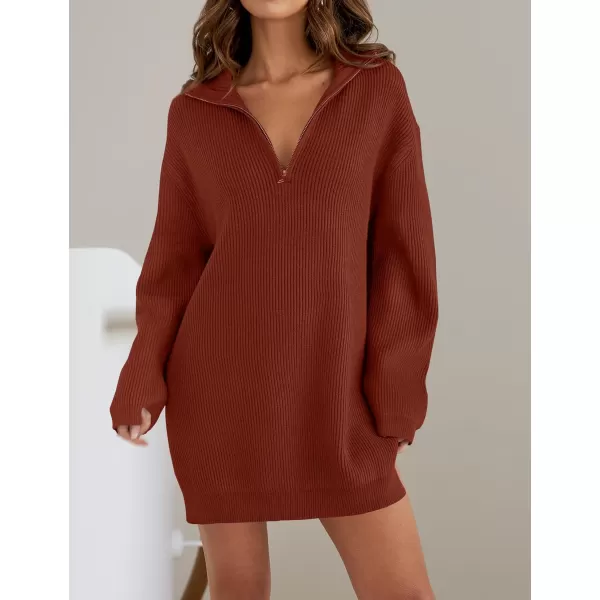 imageZESICA Womens Casual V Neck Sweater Dress Oversized Long Sleeve Zip Up Ribbed Knit Loose Pullover Tunic DressesWine