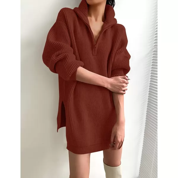 imageZESICA Womens Casual V Neck Sweater Dress Oversized Long Sleeve Zip Up Ribbed Knit Loose Pullover Tunic DressesWine