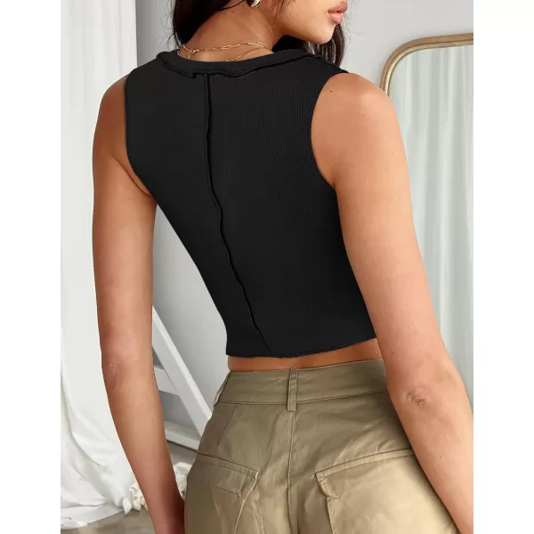 imageZESICA Womens Crop Tank Top 2024 Summer Sleeveless Crew Neck Seam Waffle Knit Slim Fitted Y2k TopsBlack