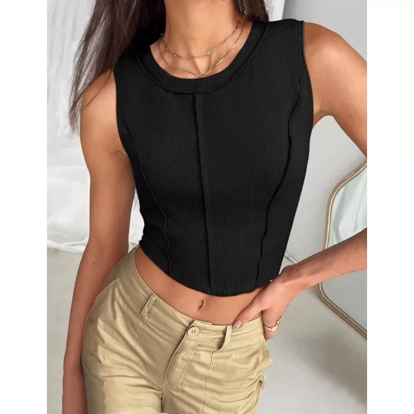 imageZESICA Womens Crop Tank Top 2024 Summer Sleeveless Crew Neck Seam Waffle Knit Slim Fitted Y2k TopsBlack