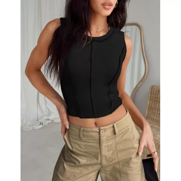 imageZESICA Womens Crop Tank Top 2024 Summer Sleeveless Crew Neck Seam Waffle Knit Slim Fitted Y2k TopsBlack