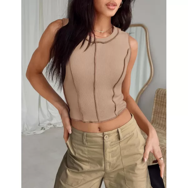 imageZESICA Womens Crop Tank Top 2024 Summer Sleeveless Crew Neck Seam Waffle Knit Slim Fitted Y2k TopsKhaki