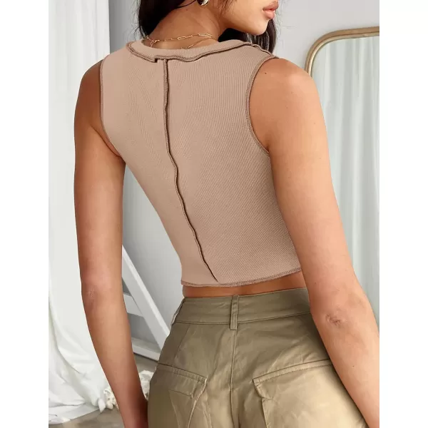 imageZESICA Womens Crop Tank Top 2024 Summer Sleeveless Crew Neck Seam Waffle Knit Slim Fitted Y2k TopsKhaki