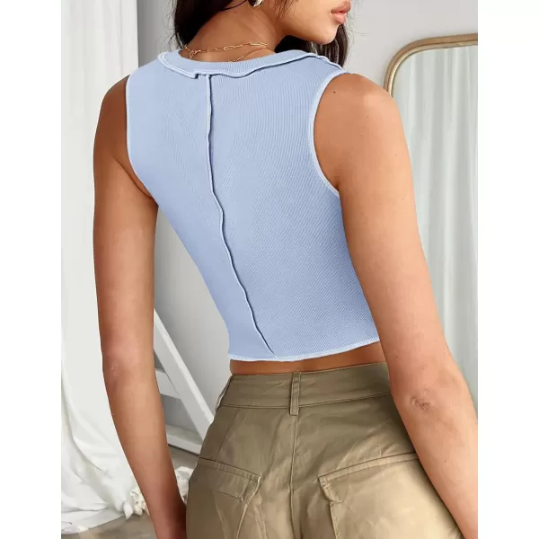 imageZESICA Womens Crop Tank Top 2024 Summer Sleeveless Crew Neck Seam Waffle Knit Slim Fitted Y2k TopsLightblue