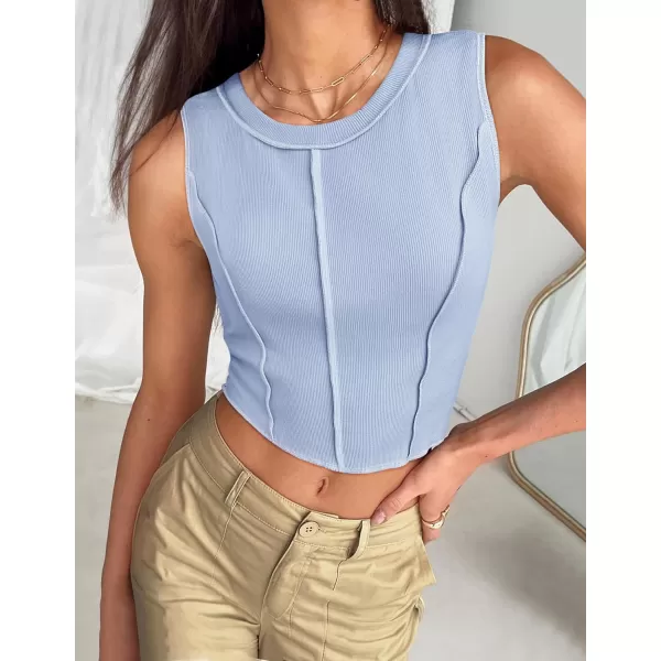 imageZESICA Womens Crop Tank Top 2024 Summer Sleeveless Crew Neck Seam Waffle Knit Slim Fitted Y2k TopsLightblue
