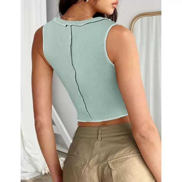 imageZESICA Womens Crop Tank Top 2024 Summer Sleeveless Crew Neck Seam Waffle Knit Slim Fitted Y2k TopsLightgreen