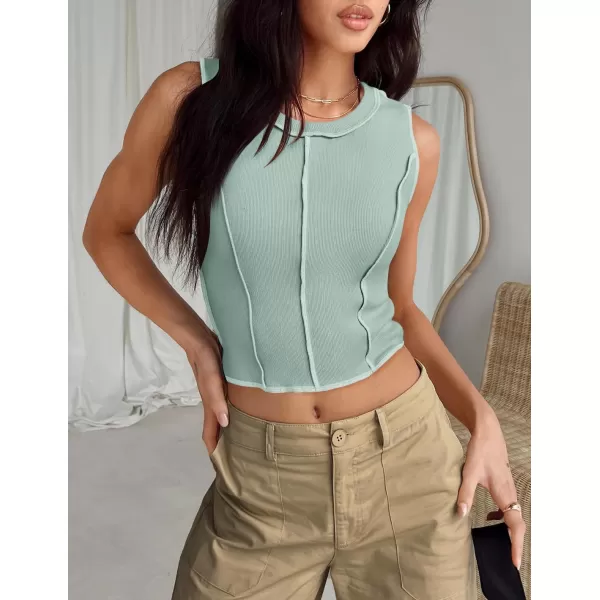 imageZESICA Womens Crop Tank Top 2024 Summer Sleeveless Crew Neck Seam Waffle Knit Slim Fitted Y2k TopsLightgreen