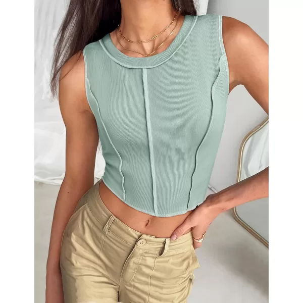 imageZESICA Womens Crop Tank Top 2024 Summer Sleeveless Crew Neck Seam Waffle Knit Slim Fitted Y2k TopsLightgreen