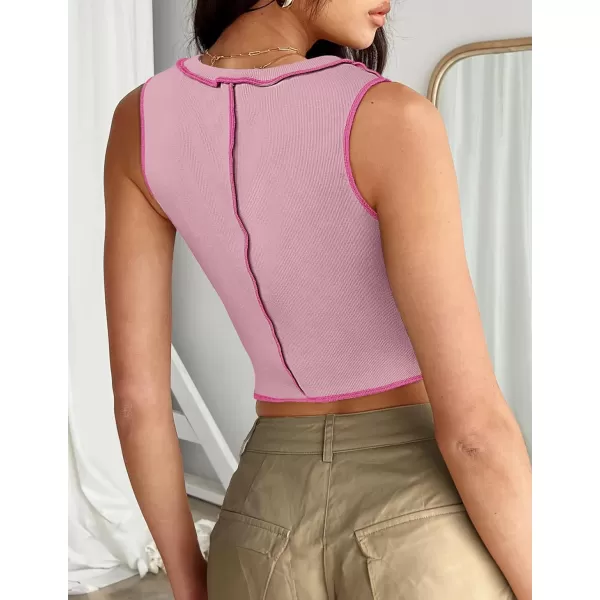 imageZESICA Womens Crop Tank Top 2024 Summer Sleeveless Crew Neck Seam Waffle Knit Slim Fitted Y2k TopsPink