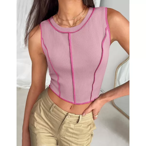 imageZESICA Womens Crop Tank Top 2024 Summer Sleeveless Crew Neck Seam Waffle Knit Slim Fitted Y2k TopsPink