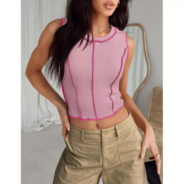 imageZESICA Womens Crop Tank Top 2024 Summer Sleeveless Crew Neck Seam Waffle Knit Slim Fitted Y2k TopsPink