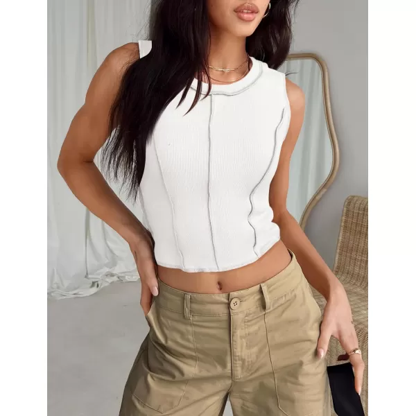 imageZESICA Womens Crop Tank Top 2024 Summer Sleeveless Crew Neck Seam Waffle Knit Slim Fitted Y2k TopsWhite