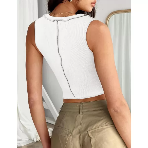 imageZESICA Womens Crop Tank Top 2024 Summer Sleeveless Crew Neck Seam Waffle Knit Slim Fitted Y2k TopsWhite