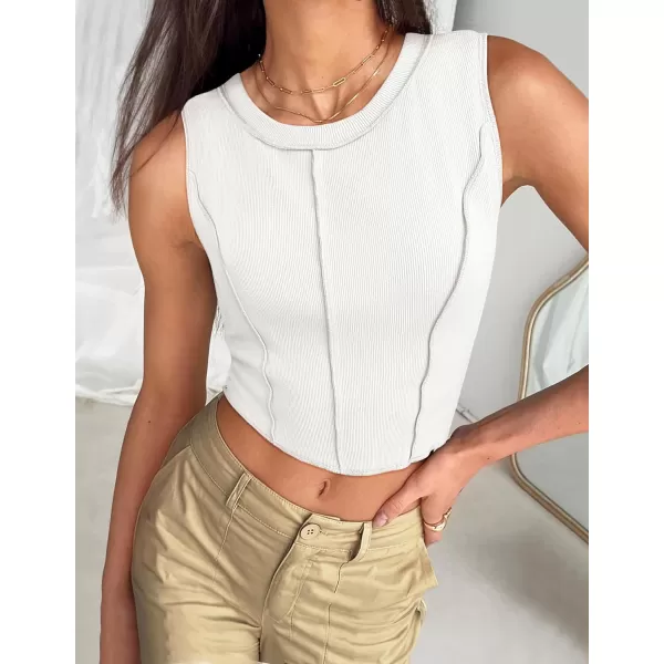 imageZESICA Womens Crop Tank Top 2024 Summer Sleeveless Crew Neck Seam Waffle Knit Slim Fitted Y2k TopsWhite