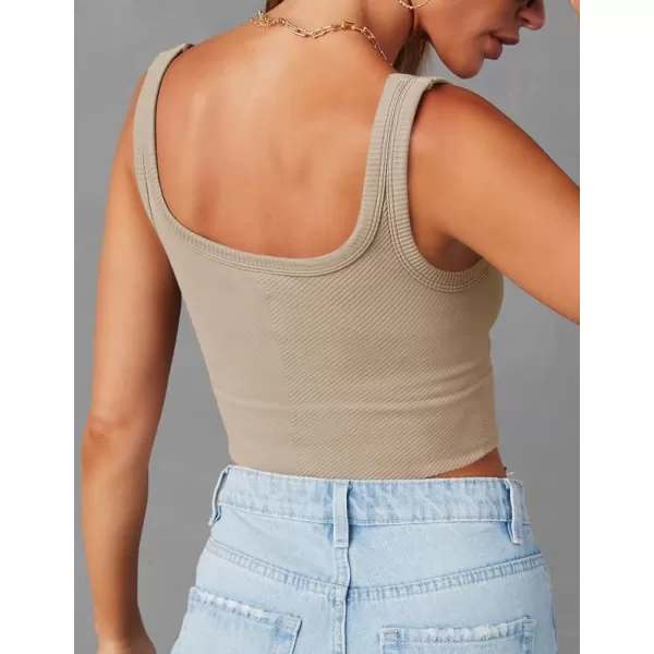 imageZESICA Womens Crop Tank Tops Ribbed Square Neck Basic Workout Yoga Tops Summer Sleeveless ShirtsAlmond