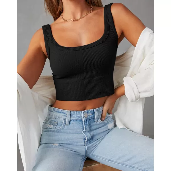 imageZESICA Womens Crop Tank Tops Ribbed Square Neck Basic Workout Yoga Tops Summer Sleeveless ShirtsBlack