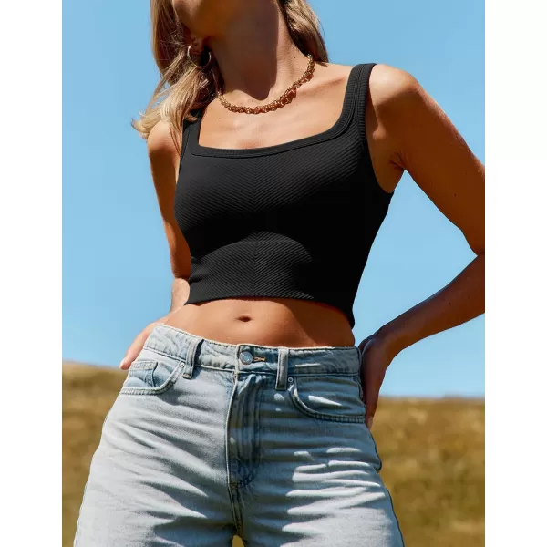 imageZESICA Womens Crop Tank Tops Ribbed Square Neck Basic Workout Yoga Tops Summer Sleeveless ShirtsBlack