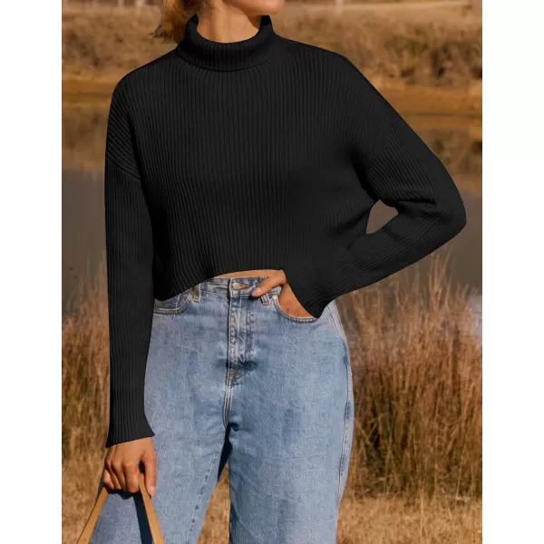 imageZESICA Womens Cropped Turtleneck Sweaters 2023 Fall Long Sleeve Ribbed Knit Oversized Casual Pullover Sweater TopsBlack