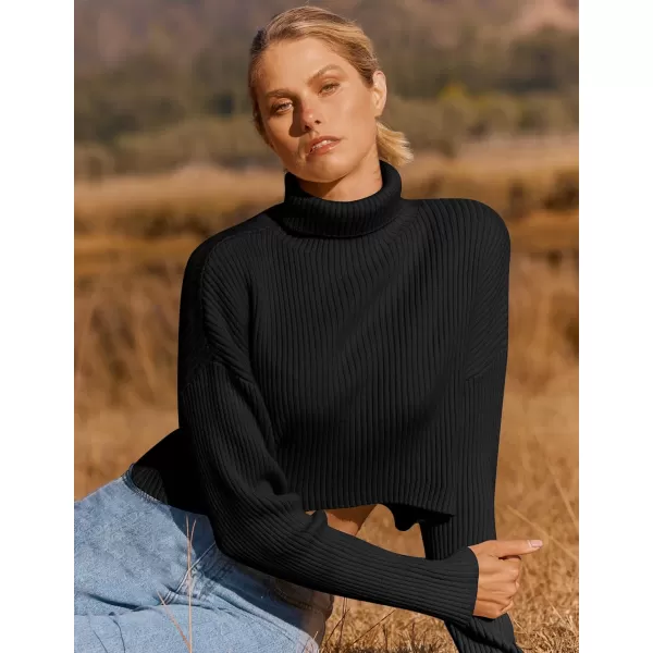 imageZESICA Womens Cropped Turtleneck Sweaters 2023 Fall Long Sleeve Ribbed Knit Oversized Casual Pullover Sweater TopsBlack
