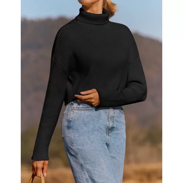 imageZESICA Womens Cropped Turtleneck Sweaters 2023 Fall Long Sleeve Ribbed Knit Oversized Casual Pullover Sweater TopsBlack