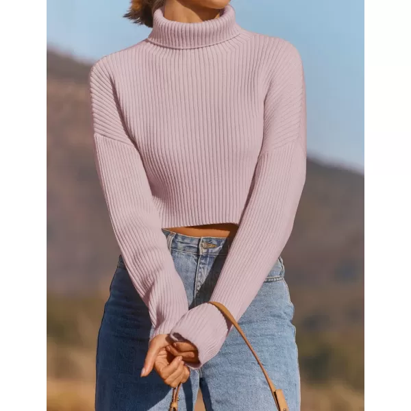 imageZESICA Womens Cropped Turtleneck Sweaters 2023 Fall Long Sleeve Ribbed Knit Oversized Casual Pullover Sweater TopsPink