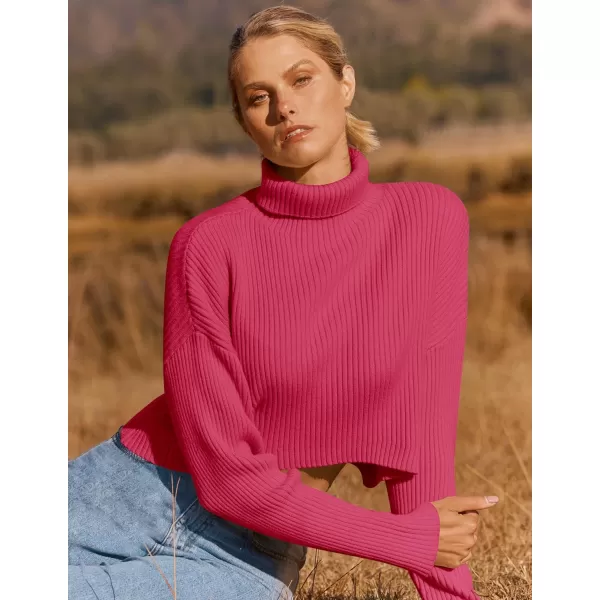 imageZESICA Womens Cropped Turtleneck Sweaters 2023 Fall Long Sleeve Ribbed Knit Oversized Casual Pullover Sweater TopsRose