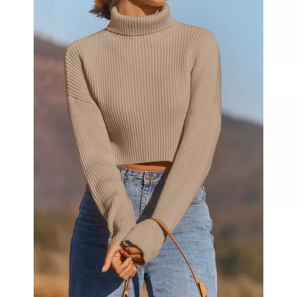 imageZESICA Womens Cropped Turtleneck Sweaters 2023 Fall Long Sleeve Ribbed Knit Oversized Casual Pullover Sweater TopsTan