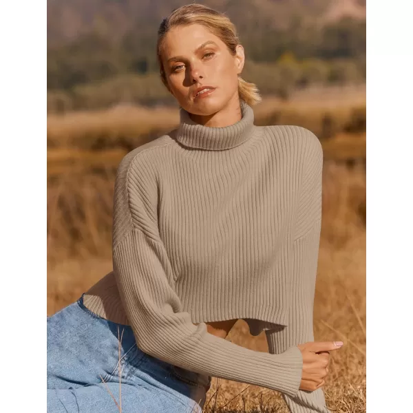 imageZESICA Womens Cropped Turtleneck Sweaters 2023 Fall Long Sleeve Ribbed Knit Oversized Casual Pullover Sweater TopsTan