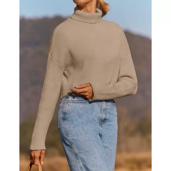 imageZESICA Womens Cropped Turtleneck Sweaters 2023 Fall Long Sleeve Ribbed Knit Oversized Casual Pullover Sweater TopsTan