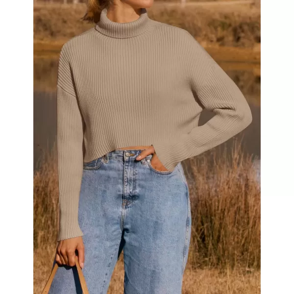 imageZESICA Womens Cropped Turtleneck Sweaters 2023 Fall Long Sleeve Ribbed Knit Oversized Casual Pullover Sweater TopsTan