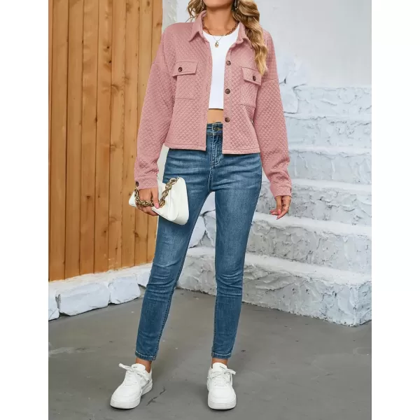 imageZESICA Womens Fall Casual Shacket Jackets 2023 Long Sleeve Button Down Lightweight Cropped Shirt Outerwear Coat with PocketsDarkpink