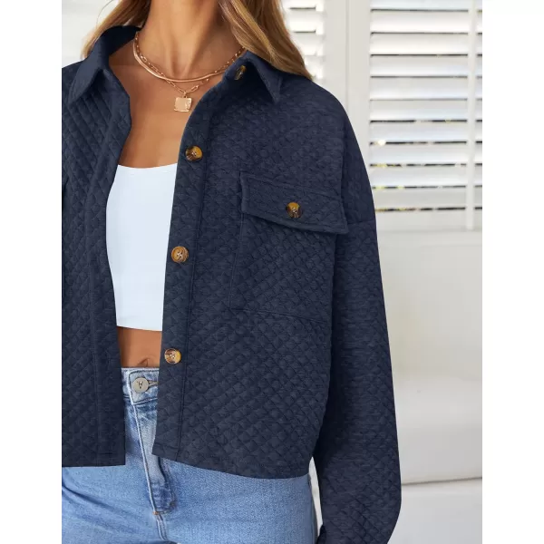 imageZESICA Womens Fall Casual Shacket Jackets 2023 Long Sleeve Button Down Lightweight Cropped Shirt Outerwear Coat with PocketsNavy
