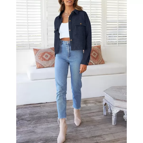 imageZESICA Womens Fall Casual Shacket Jackets 2023 Long Sleeve Button Down Lightweight Cropped Shirt Outerwear Coat with PocketsNavy