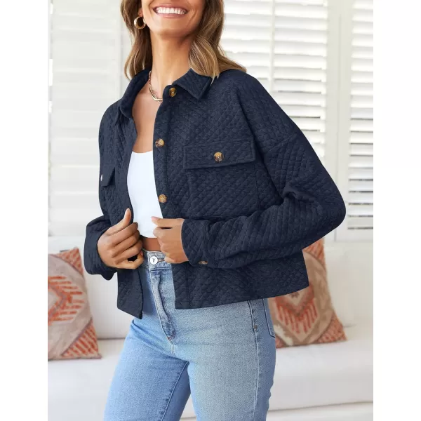 imageZESICA Womens Fall Casual Shacket Jackets 2023 Long Sleeve Button Down Lightweight Cropped Shirt Outerwear Coat with PocketsNavy