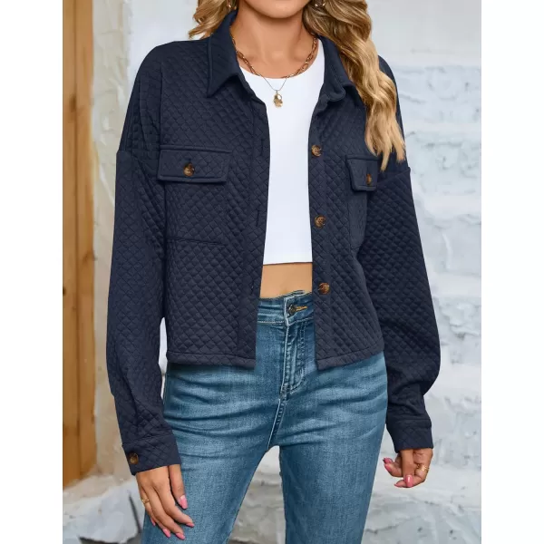 imageZESICA Womens Fall Casual Shacket Jackets 2023 Long Sleeve Button Down Lightweight Cropped Shirt Outerwear Coat with PocketsNavy