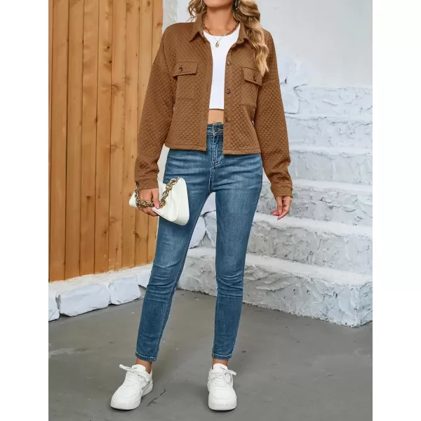 imageZESICA Womens Fall Casual Shacket Jackets 2023 Long Sleeve Button Down Lightweight Cropped Shirt Outerwear Coat with PocketsTan