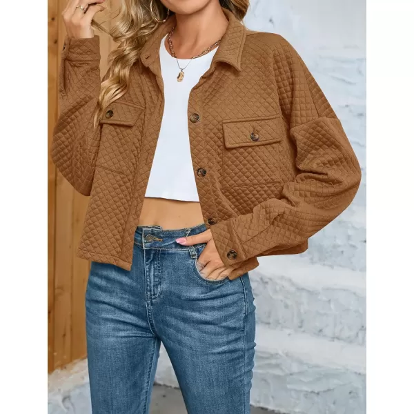 imageZESICA Womens Fall Casual Shacket Jackets 2023 Long Sleeve Button Down Lightweight Cropped Shirt Outerwear Coat with PocketsTan