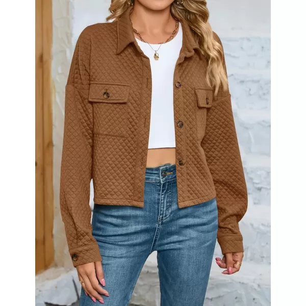 imageZESICA Womens Fall Casual Shacket Jackets 2023 Long Sleeve Button Down Lightweight Cropped Shirt Outerwear Coat with PocketsTan