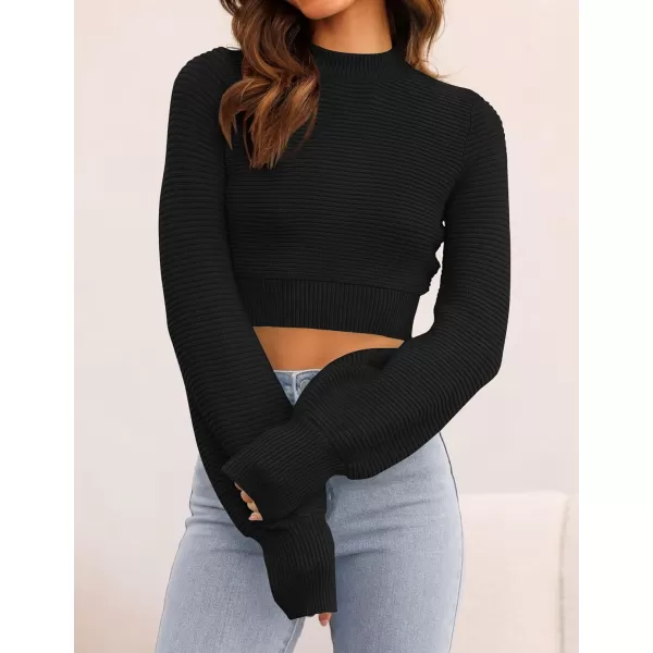 imageZESICA Womens Fall Mock Neck Cropped Sweater 2023 Long Sleeve Soft Ribbed Knit Pullover Jumper TopsBlack
