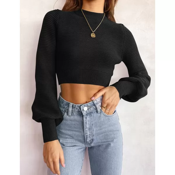 imageZESICA Womens Fall Mock Neck Cropped Sweater 2023 Long Sleeve Soft Ribbed Knit Pullover Jumper TopsBlack