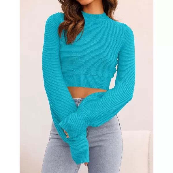 imageZESICA Womens Fall Mock Neck Cropped Sweater 2023 Long Sleeve Soft Ribbed Knit Pullover Jumper TopsCobaltblue