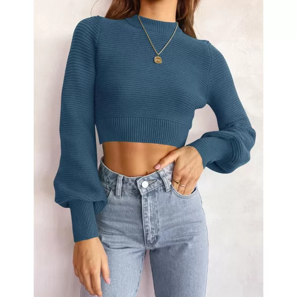 imageZESICA Womens Fall Mock Neck Cropped Sweater 2023 Long Sleeve Soft Ribbed Knit Pullover Jumper TopsDarkblue