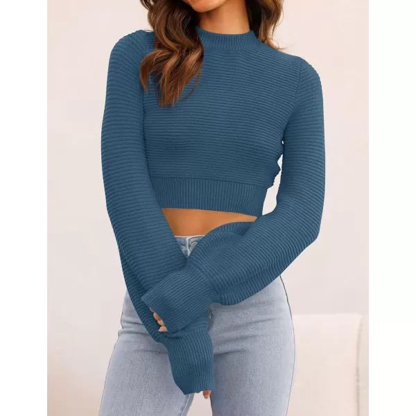 imageZESICA Womens Fall Mock Neck Cropped Sweater 2023 Long Sleeve Soft Ribbed Knit Pullover Jumper TopsDarkblue