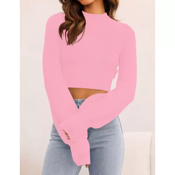 imageZESICA Womens Fall Mock Neck Cropped Sweater 2023 Long Sleeve Soft Ribbed Knit Pullover Jumper TopsHotpink