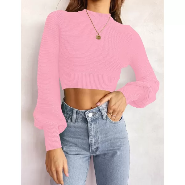 imageZESICA Womens Fall Mock Neck Cropped Sweater 2023 Long Sleeve Soft Ribbed Knit Pullover Jumper TopsHotpink