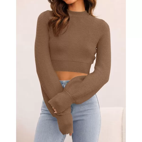 imageZESICA Womens Fall Mock Neck Cropped Sweater 2023 Long Sleeve Soft Ribbed Knit Pullover Jumper TopsKhaki