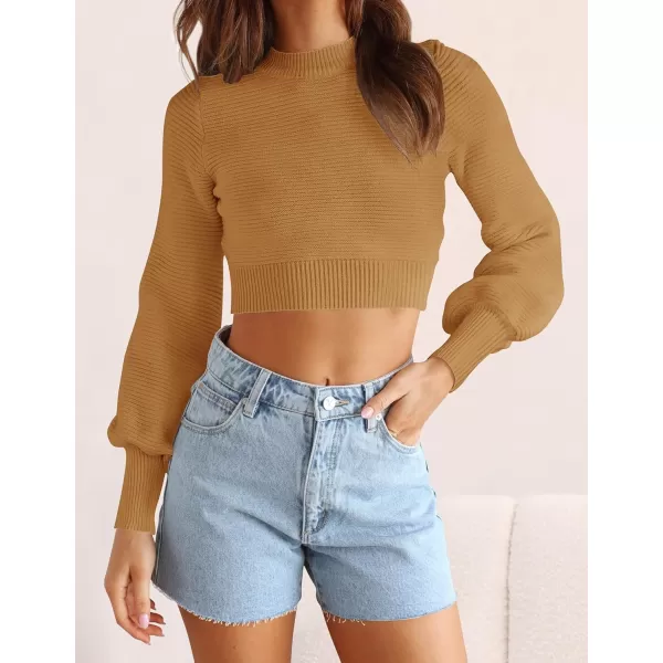 imageZESICA Womens Fall Mock Neck Cropped Sweater 2024 Long Sleeve Soft Ribbed Knit Pullover Jumper TopsCamel
